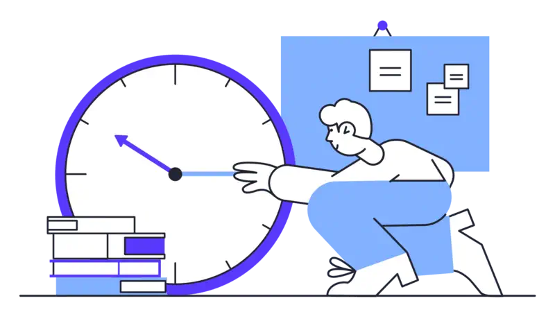 A man turns the hands of the clock while half sitting