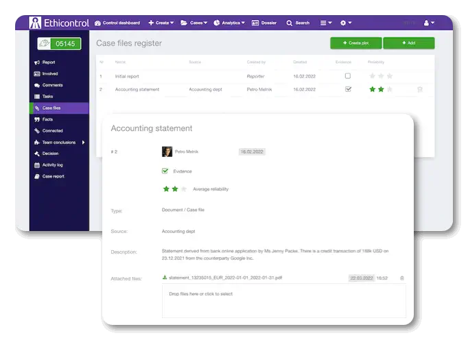 a screenshot of a Ethicontrol's platform cloud client dashboard with both the icloud app and an employee account, in the style of dark purple and light green